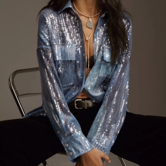 Pilcro Tops - Pilcro Blue Long Sleeve Sequin Shirt